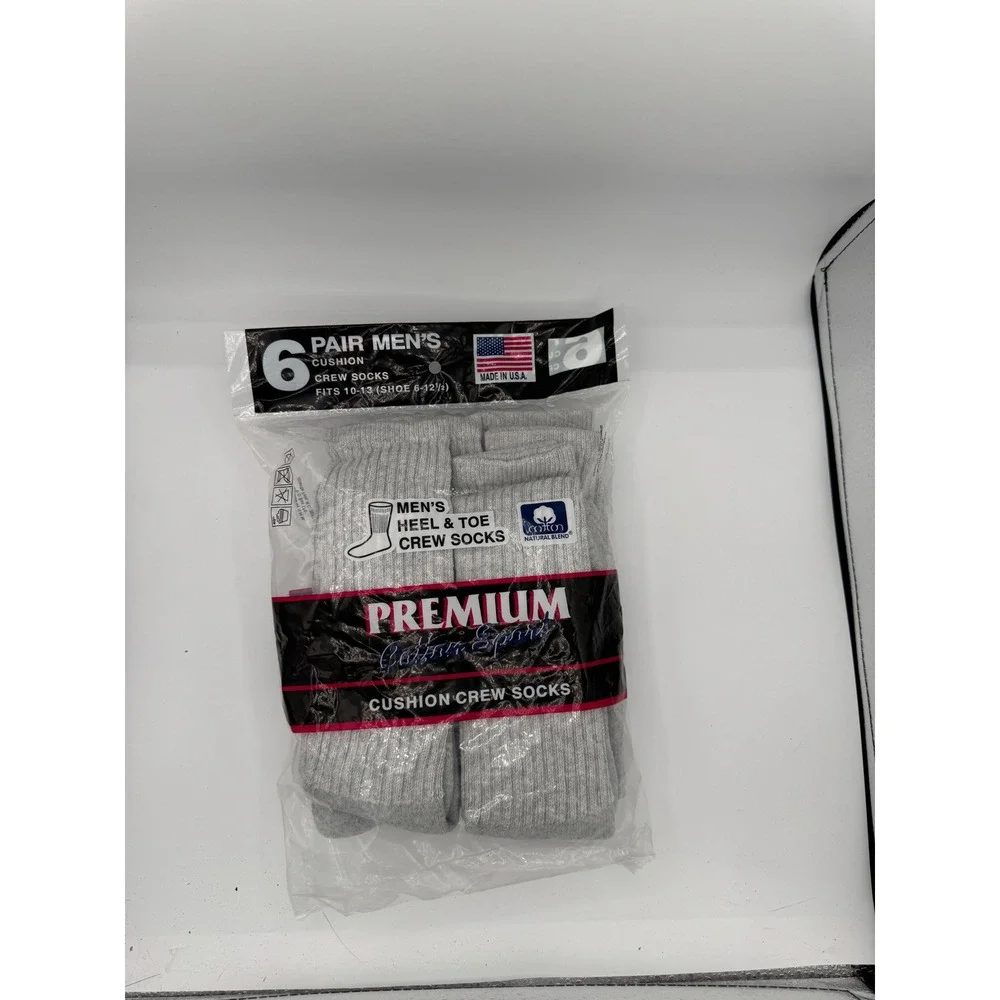 6 Pair Mens Premium Cotton Sport Cushion Crew Socks Gray Made in USA Size 10-13